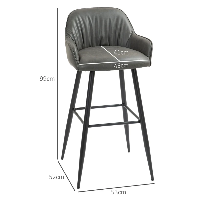 HOMCOM Set 2 Scaune de Bar din Piele Ecologică PU, Scaune Înalte cu Suport pentru Picioare, 52x53x99 cm, Gri Închis