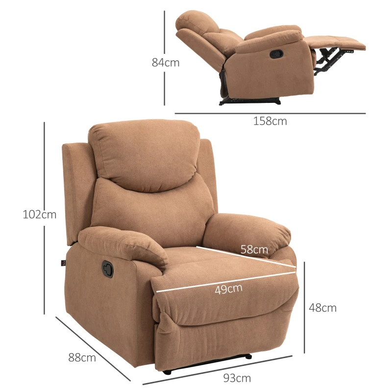 HOMCOM Fotoliu Ergonomic din Țesătură, Fotoliu Rabatabil până la 150° cu Suport pentru Picioare, 93x88x102 cm, Maro Închis