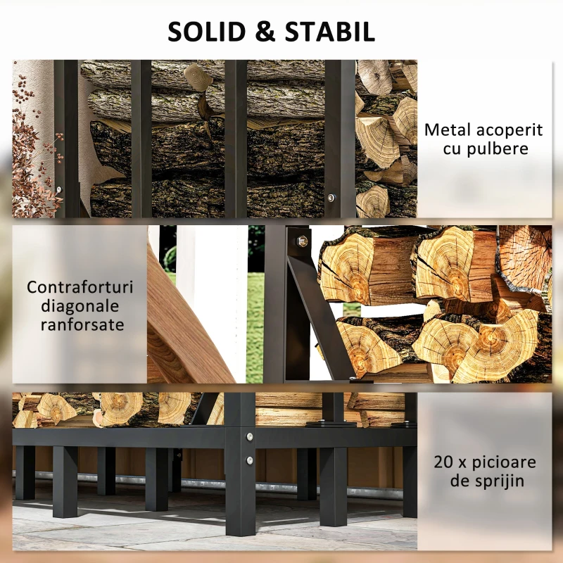 Outsunny Suport pentru Lemne de Exterior cu Acoperire, Suport Metalic Ranforsat pentru Lemne, 185x90x185 cm, Negru