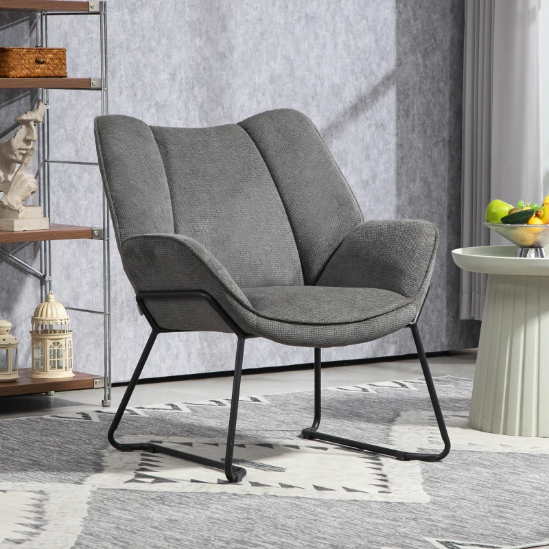 HOMCOM Fotoliu Tapițat cu Brațe Înclinate, Fotoliu din Material Textil Aspect de In și Oțel, 71,5x67x79 cm, Gri
