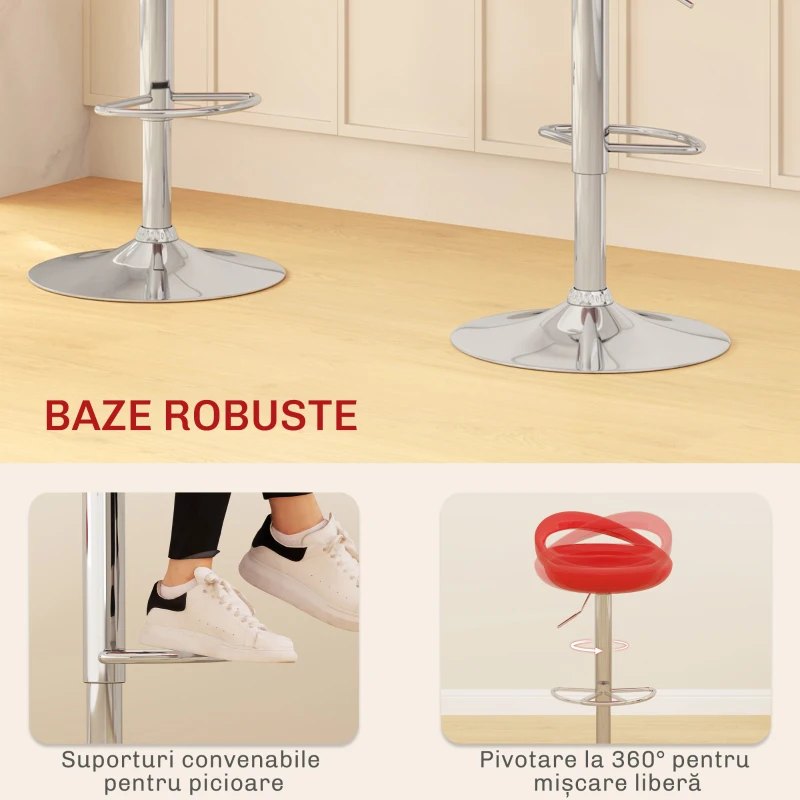 HOMCOM Set 2 Scaune de Bar Rotative cu Suport pentru Picioare și Înălțime Reglabilă, 46x41x76-96 cm, Roșu