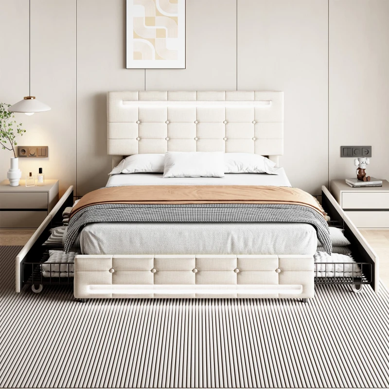 Double Bed Frame with Storage, Adjustable Headboard, Easy Assembly, 198.5L x 143W x 107.5H cm, Beige