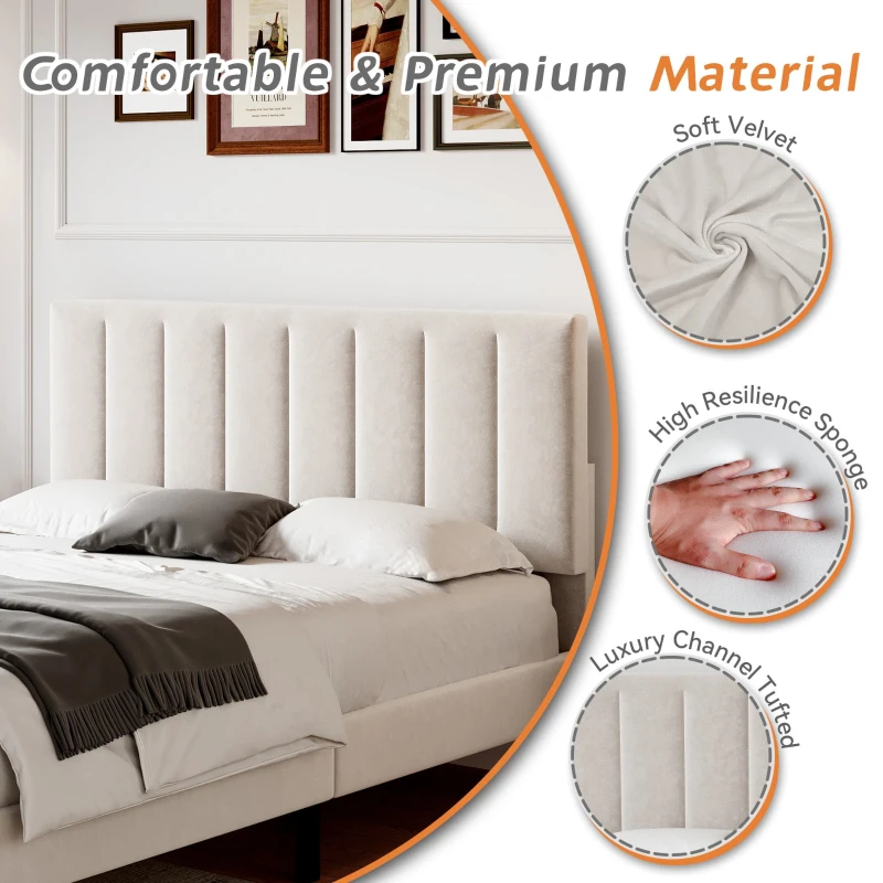 Double Upholstered Velvet Bed Frame with Adjustable Headboard, Solid Wood Slats, Noise-Free Design, 194L x 140W x 110H cm, Beige