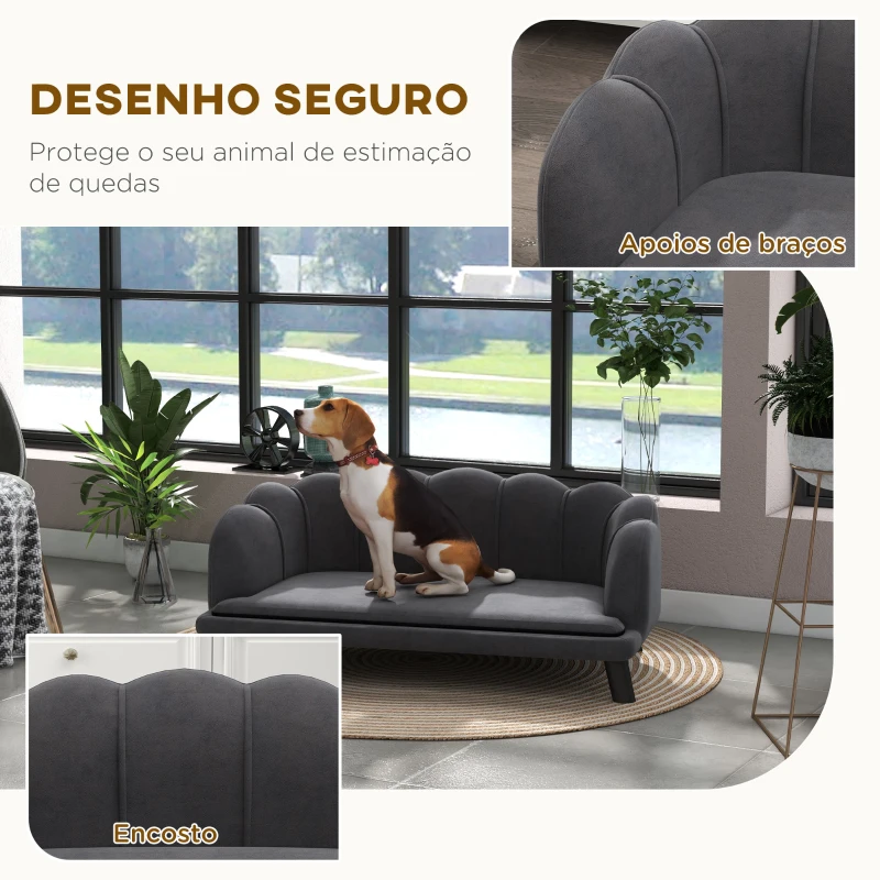 PawHut Sofá para Cães Médios Sofá Cama para Animais de Estimação em Veludo com Pés de Madeira 98,5x60,5x35,5 cm Cinza Escuro