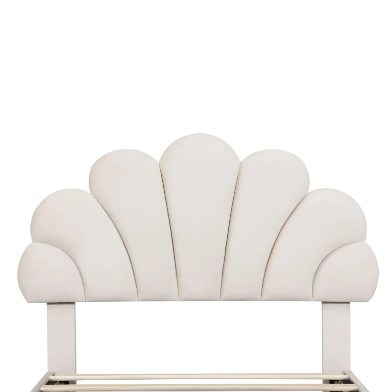 3FT Single Upholstered Velvet Bed Frame with Adjustable Petal Headboard, No Box Spring Needed, Easy Assembly, 194L x 107W x 107H cm, Beige