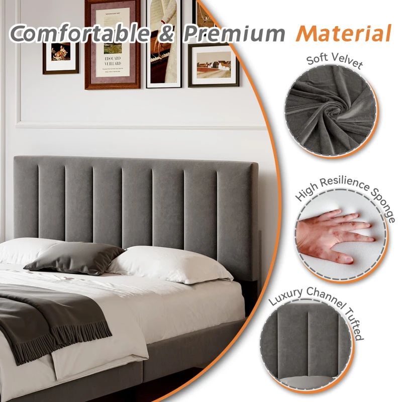 Headboard Adjustable Velvet Double Bed Base with Noise-Free Design, Double Wooden Bedframe for Bedroom, 194L x 140W x 110H cm, Grey