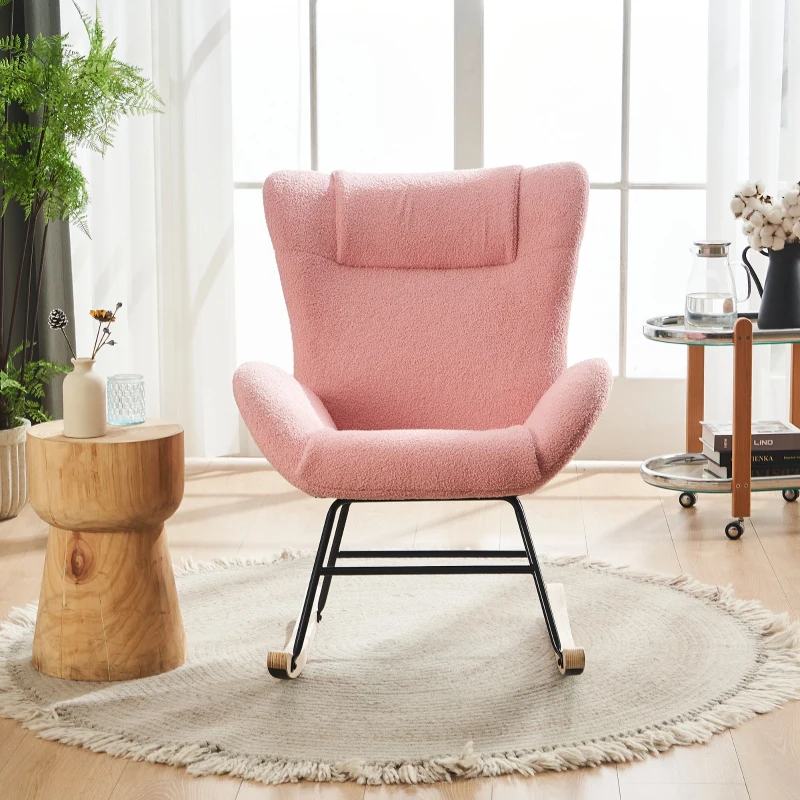 Fauteuil à bascule de loisirs avec dossier ergonomique et accoudoirs de soutien, en velours Teddy confortable, Rose
