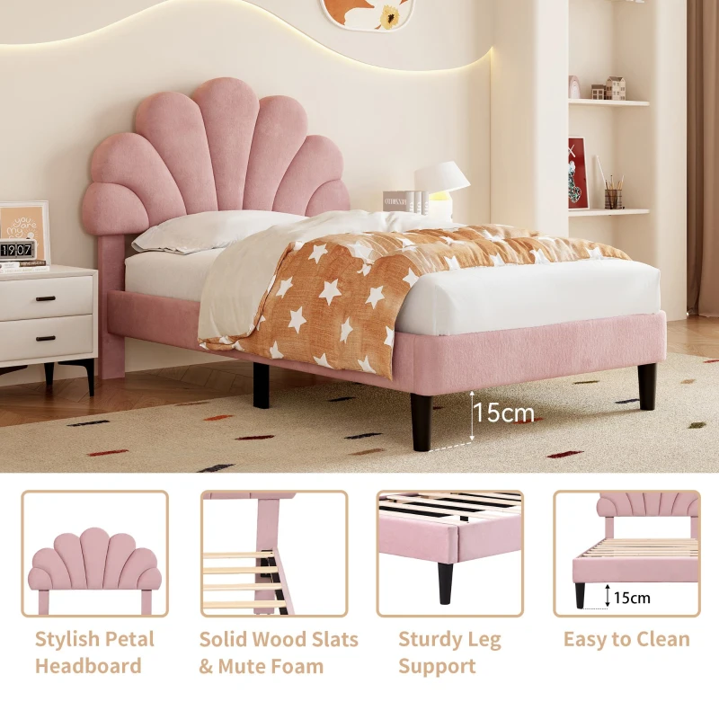 3FT Single Upholstered Velvet Bed Frame with Adjustable Petal Headboard, No Box Spring Needed, Easy Assembly, 194L x 107W x 107H cm, Pink