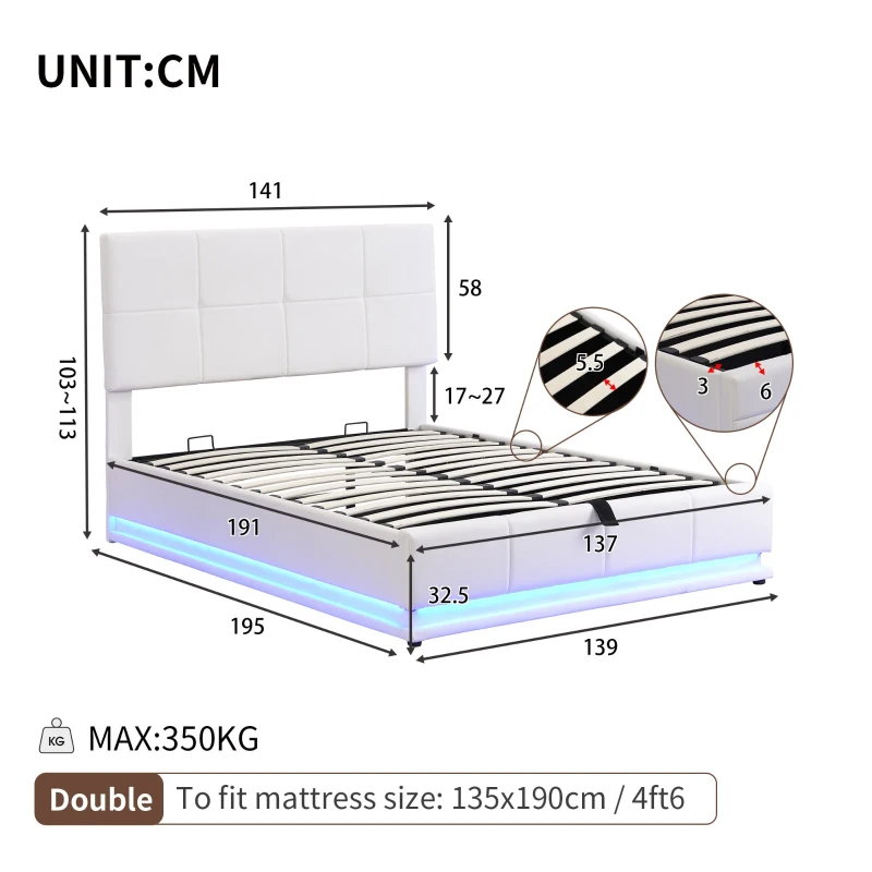 4FT6 Double Ottoman Lift Storage Upholstered Bed Frame with LED Lighting, Gas Lift Storage, 195L x 139W x 113H cm, White
