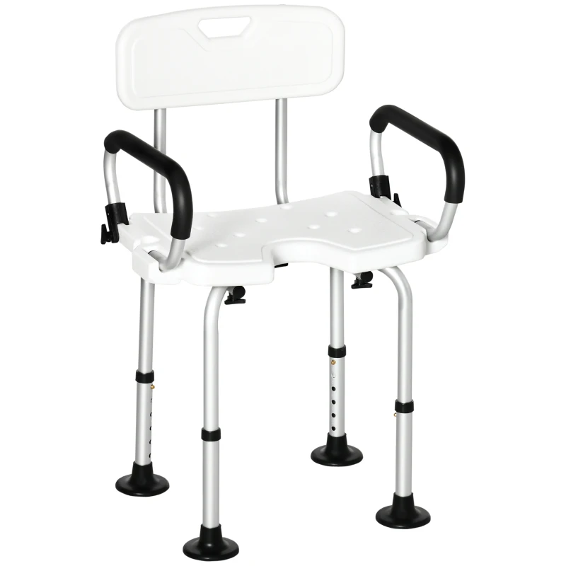 HOMCOM Height Adjustable Shower Stool for the Elderly and Disabled with Back, Shower Chair with Flipped Padded Arms and Suction Foot Pads, White