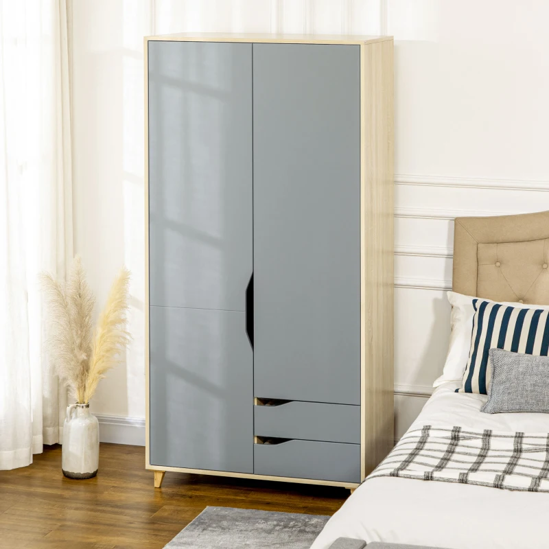 HOMCOM Dulap cu 2 usi din PAL si MDF cu sina pentru agatat, 3 rafturi si 2 sertare pentru sufragerie si dormitor, 88,9x50,1x184,5 cm(m-10)