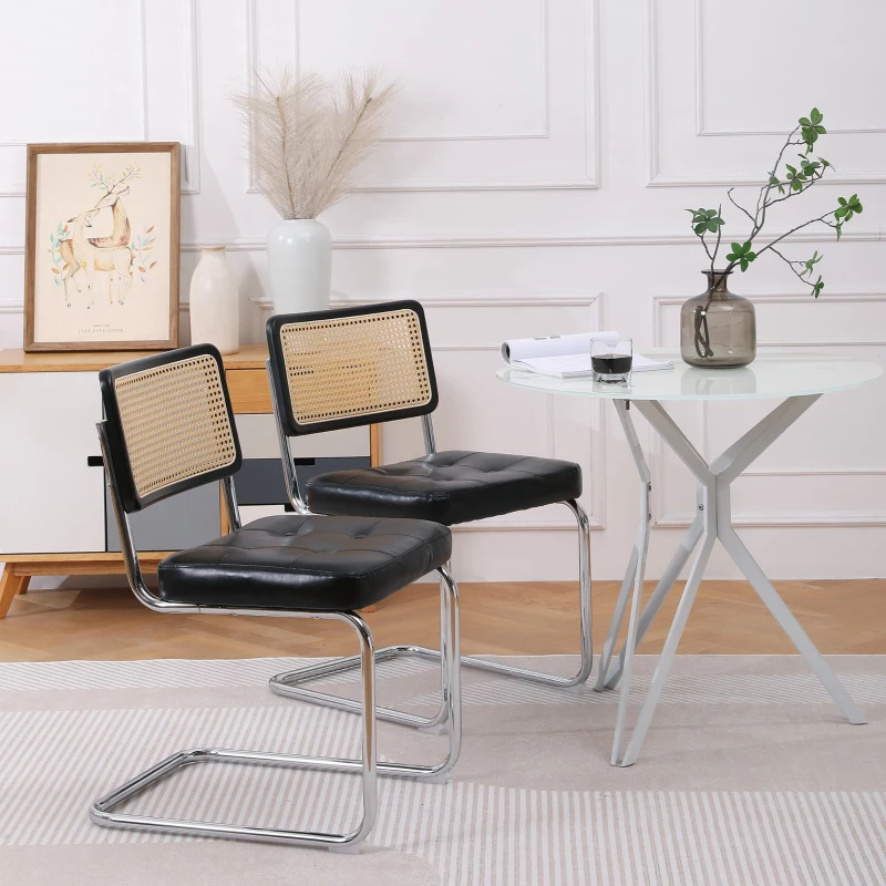 Lot de 2 chaises en rotin avec éléments rembourrés en similicuir, dossier en maille sans accoudoirs, pieds en métal chromé, Noir