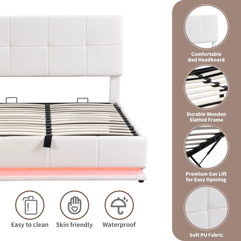 4FT6 Double Ottoman Lift Storage Upholstered Bed Frame with LED Lighting, Gas Lift Storage, 195L x 139W x 113H cm, White
