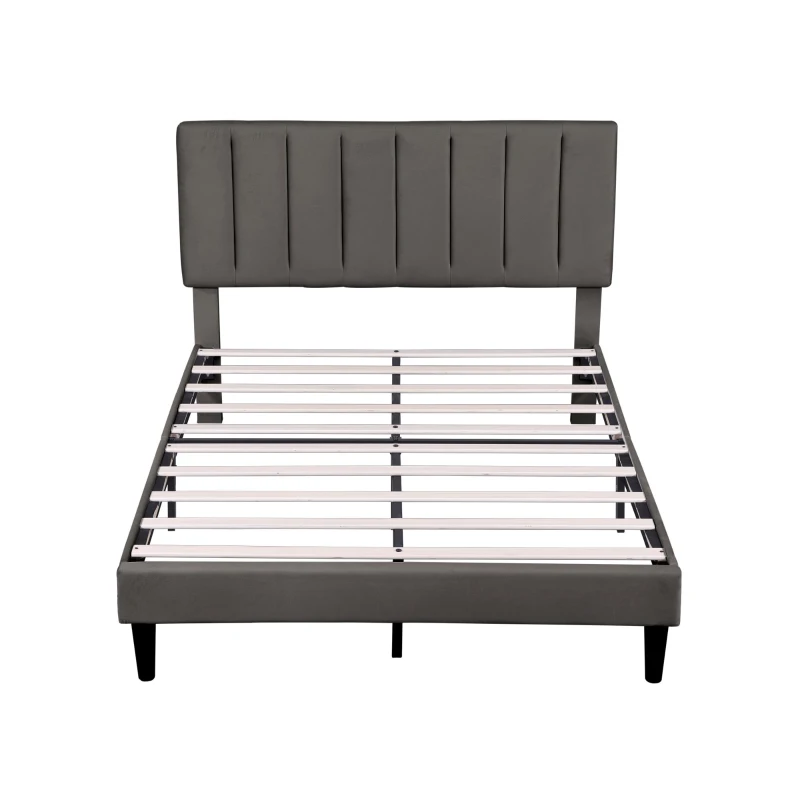 Headboard Adjustable Velvet Double Bed Base with Noise-Free Design, Double Wooden Bedframe for Bedroom, 194L x 140W x 110H cm, Grey
