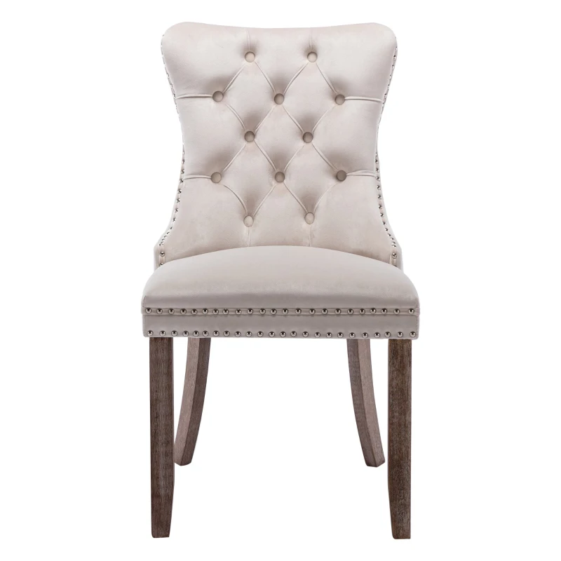 Set of 6 Velvet Upholstered Dining Chairs with High Back and Brushed Wood Legs, Tufted Kitchen Lounge Chairs, 51L x 63.5W x 98H cm, Beige