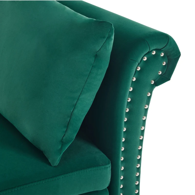 Velvet Upholstered Lounger Sofa with Storage, Pillow, Nailhead-Trim, Button-Tufted Lounge Chair, 144L x 62W x 69H cm, Green
