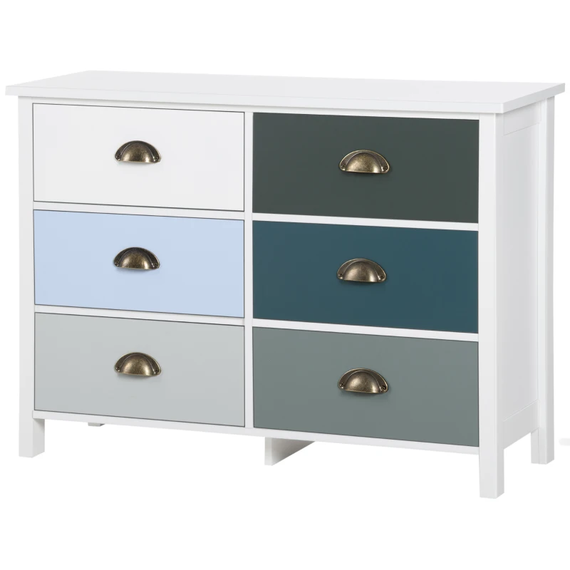 HOMCOM Chest of Drawers, 6-Drawer Dresser, Shabby Chic Storage Cabinet with Antique Handles for Bedroom, Multi-Coloured