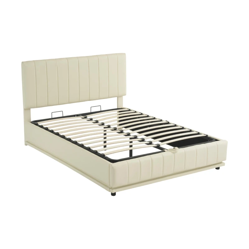 PU Leather Ottoman Bed Frame with LED Lighting, Hydraulic Storage and Channel Tufted Headboard, 201L x 147W x 114H cm, Beige