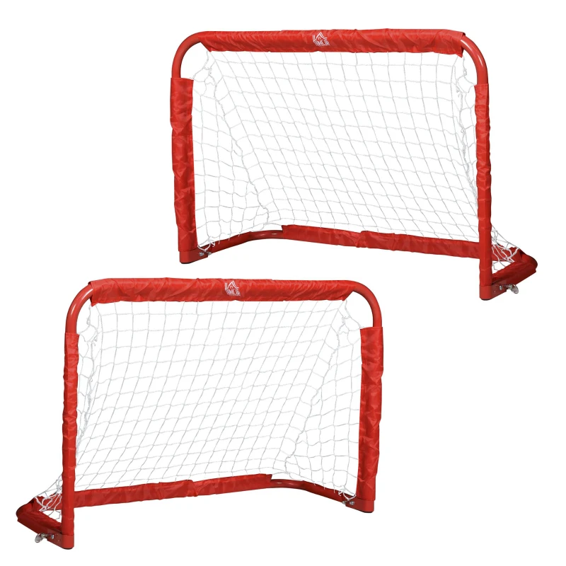 HOMCOM Set 2 Porți de Fotbal Pliabile pentru Exterior cu 4 Țăruși, Plasă de Fotbal din Metal și Tetrolon, 90x36x60 cm, Roșu