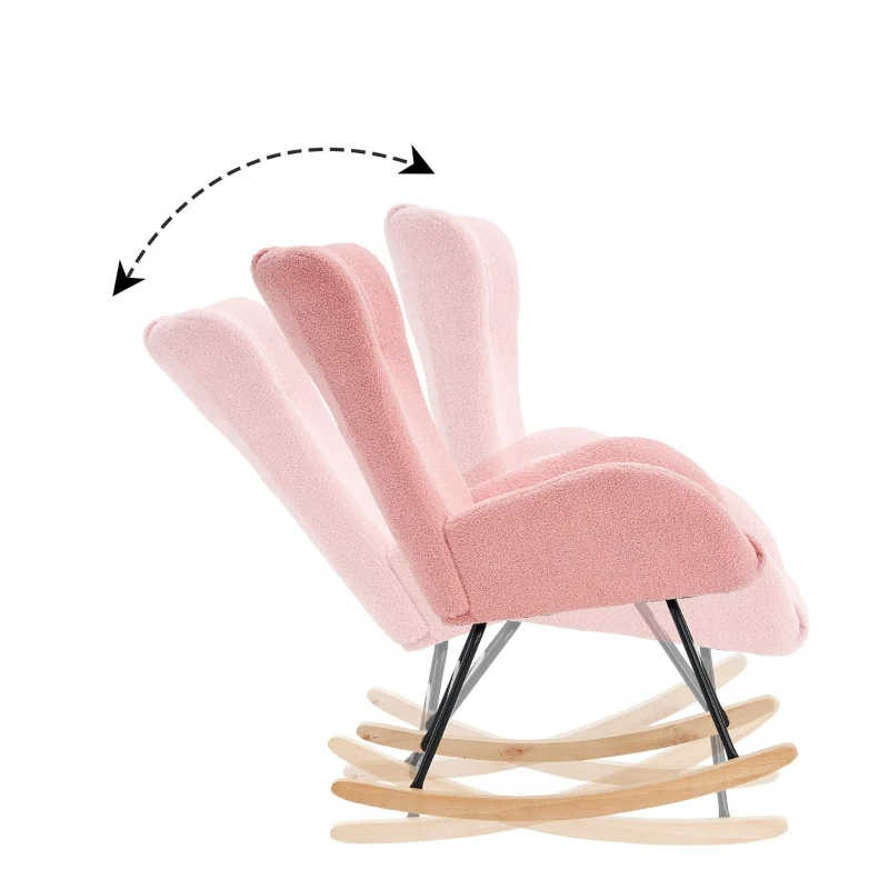 Fauteuil à bascule de loisirs avec dossier ergonomique et accoudoirs de soutien, en velours Teddy confortable, Rose