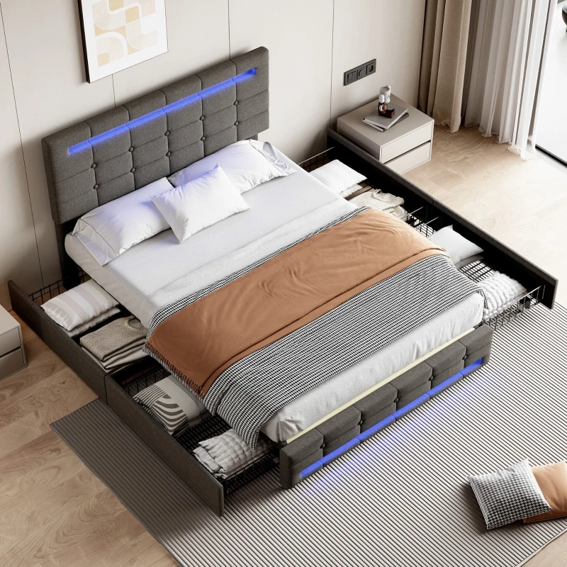 Double Upholstered Bed with LED Lighting and Storage Drawers, Adjustable Headboard, Easy Assembly, 198.5L x 143W x 107.5H cm, Grey