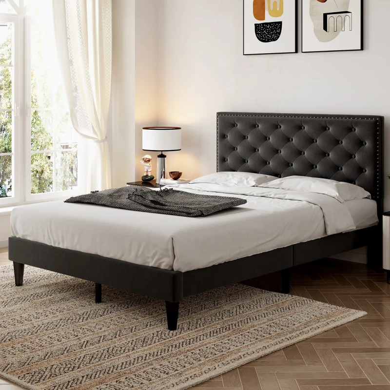 Upholstered Velvet Double Bed Base with Adjustable Wood Headboard, Solid Wood Slats, Easy Assembly, 193L x 141W x 110H cm, Black
