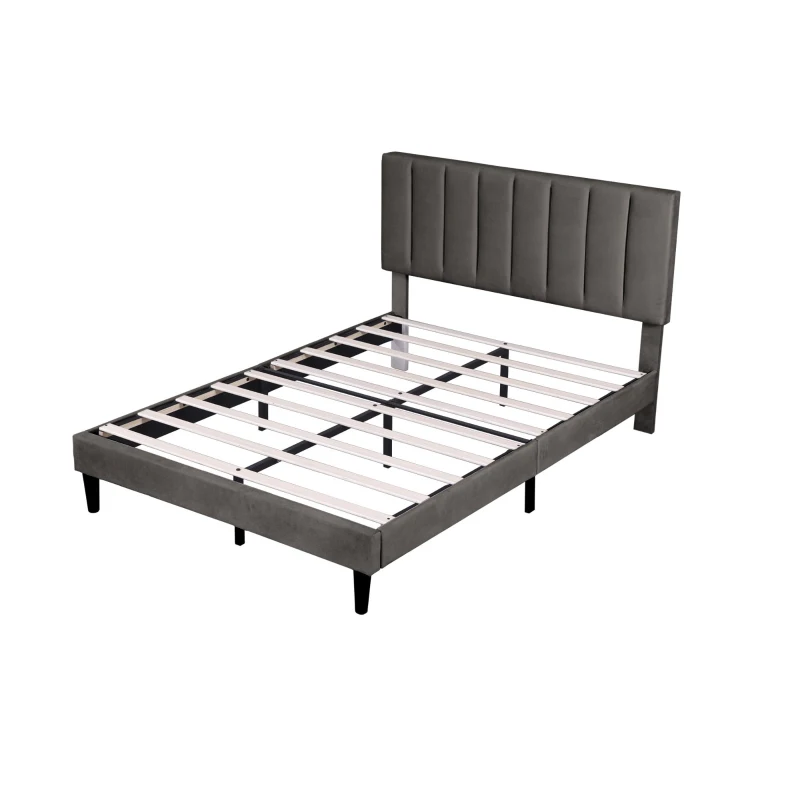 Headboard Adjustable Velvet Double Bed Base with Noise-Free Design, Double Wooden Bedframe for Bedroom, 194L x 140W x 110H cm, Grey