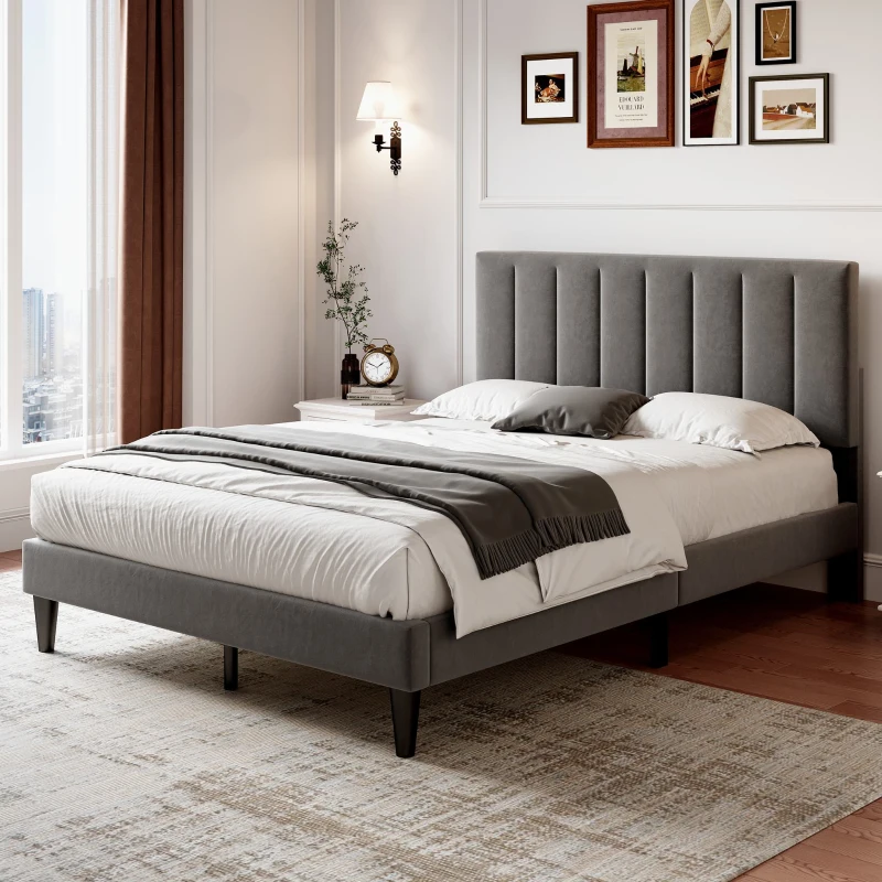 Headboard Adjustable Velvet Double Bed Base with Noise-Free Design, Double Wooden Bedframe for Bedroom, 194L x 140W x 110H cm, Grey