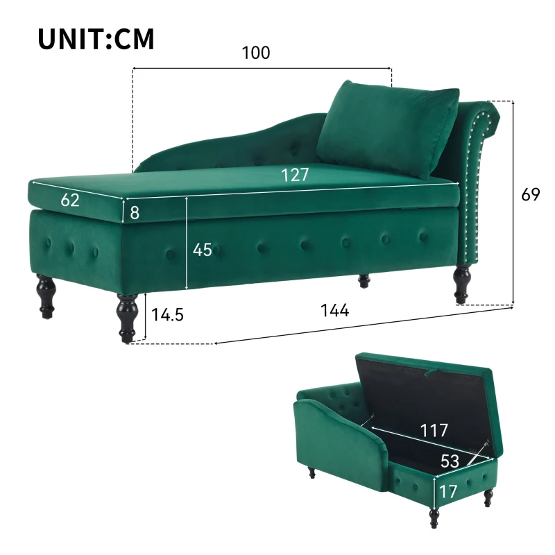 Velvet Upholstered Lounger Sofa with Storage, Pillow, Nailhead-Trim, Button-Tufted Lounge Chair, 144L x 62W x 69H cm, Green
