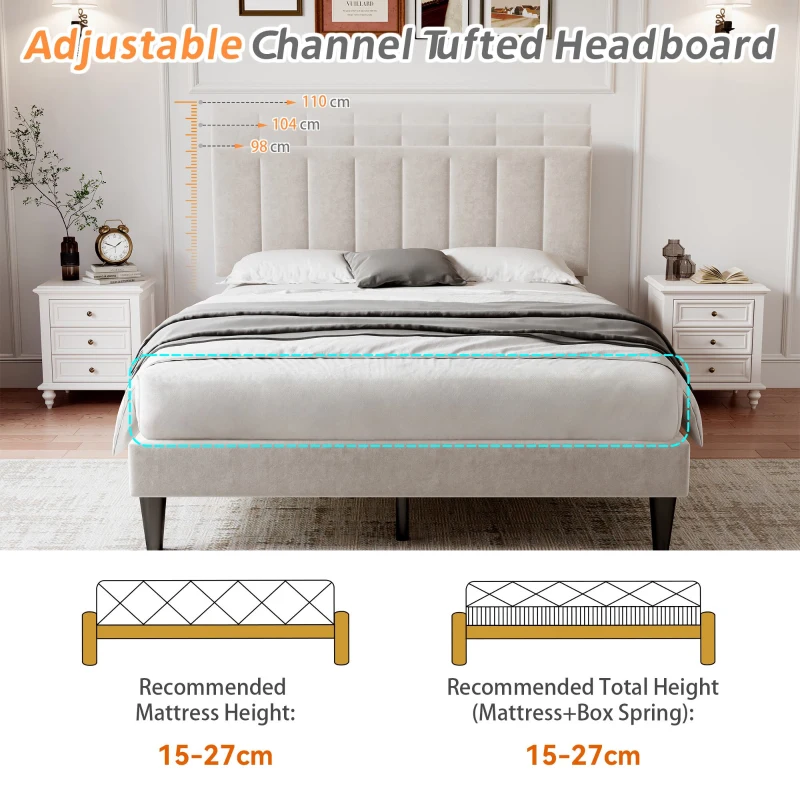 Double Upholstered Velvet Bed Frame with Adjustable Headboard, Solid Wood Slats, Noise-Free Design, 194L x 140W x 110H cm, Beige