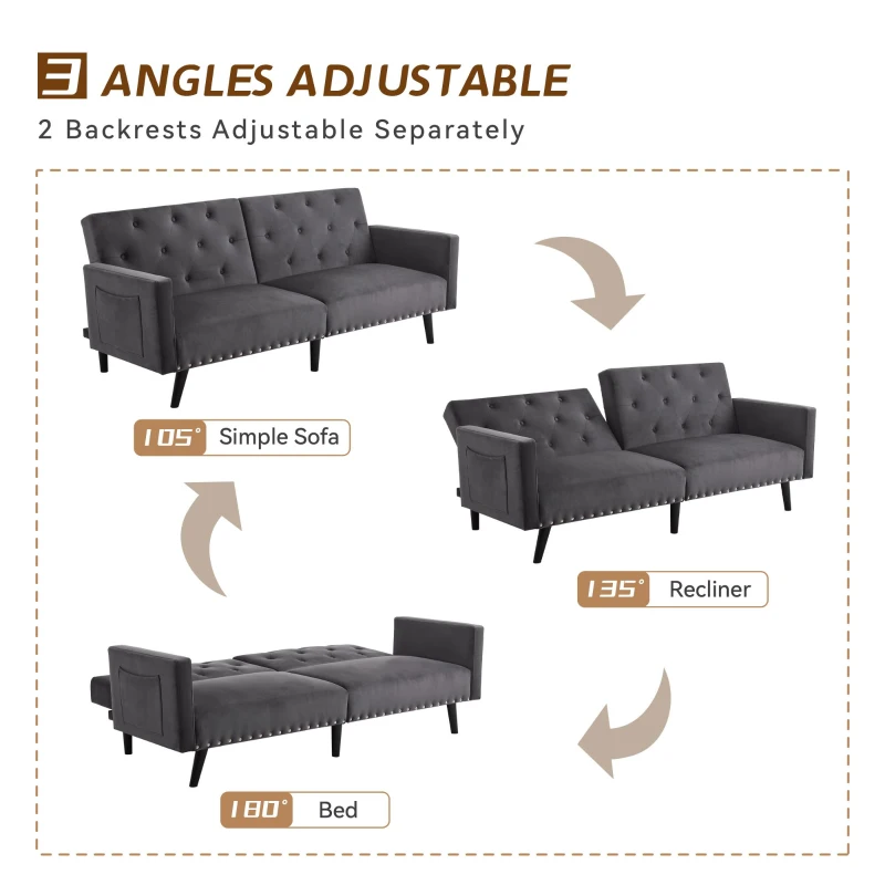 Modern Sofa Couch with Storage Pockets, Removable Armrests, Button-Tufted Recliner Couch, 191L x 85W x 80H cm, Dark Gray