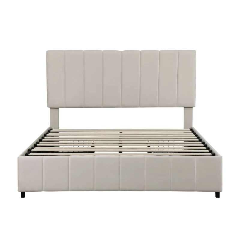 Velvet Double Upholstered Bed with 4 Storage Drawers and Adjustable Channel Tufted Headboard, Easy Assembly, 196L x 143W x 108H cm, Beige