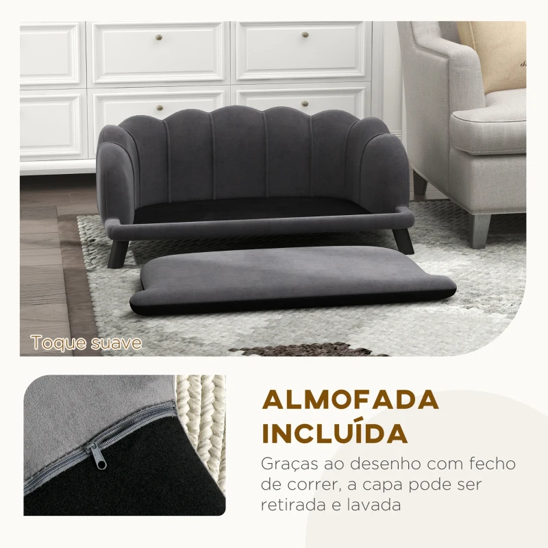 PawHut Sofá para Cães Médios Sofá Cama para Animais de Estimação em Veludo com Pés de Madeira 98,5x60,5x35,5 cm Cinza Escuro