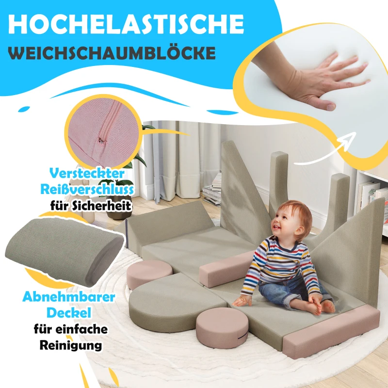 AIYAPLAY Modułowa sofa dla dzieci, 12 miękkich bloków w 6 kształtach, pokrowce do prania, szary/różowy