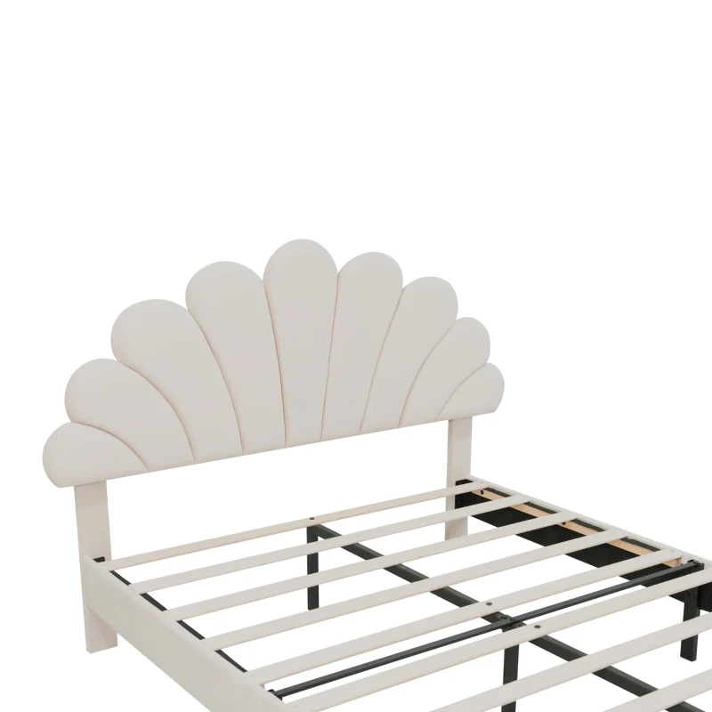 Double Upholstered Velvet Bed Frame with Adjustable Petal Headboard, Solid Wood Slat, No Box Spring Needed, Easy Assembly, Beige