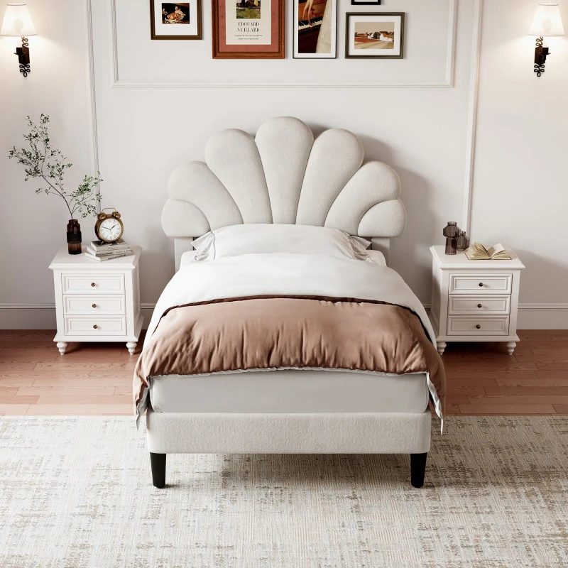 3FT Single Upholstered Velvet Bed Frame with Adjustable Petal Headboard, No Box Spring Needed, Easy Assembly, 194L x 107W x 107H cm, Beige