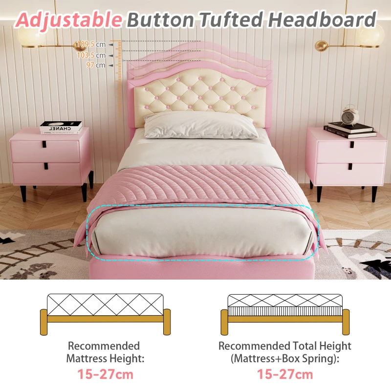 3FT Single Wood Bed with Adjustable Button-Tufted Headboard, Easy Assembly, Upholstered Bed for Kids, 199.5L x 92.0W x 109.5H cm, Beige+Pink