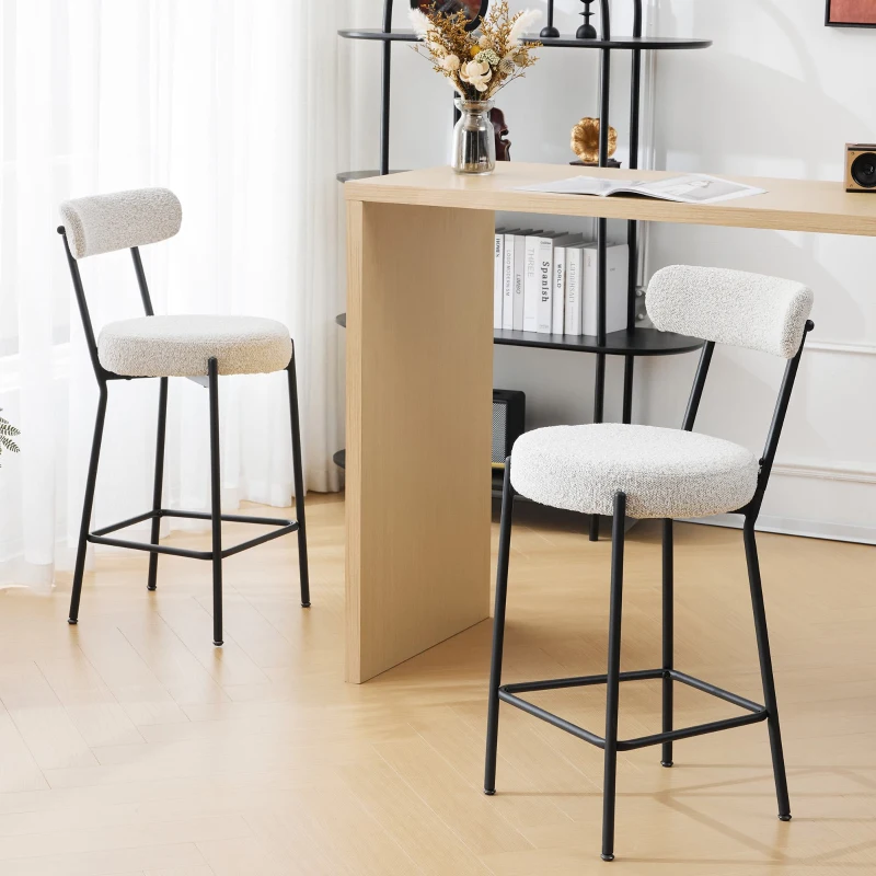 Set of 6 Bar Stools with Back, Cushioned Seats, Steel Legs, Upholstered Kitchen Stools for Dining Room, Cafe, 41.5L x 48W x 92H cm, Cream White