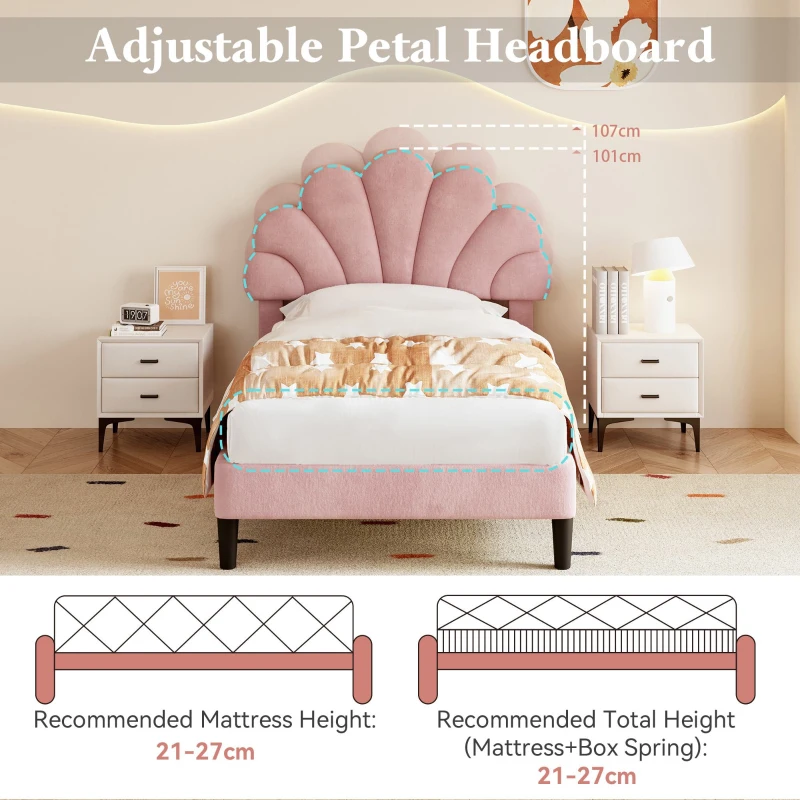 3FT Single Upholstered Velvet Bed Frame with Adjustable Petal Headboard, No Box Spring Needed, Easy Assembly, 194L x 107W x 107H cm, Pink