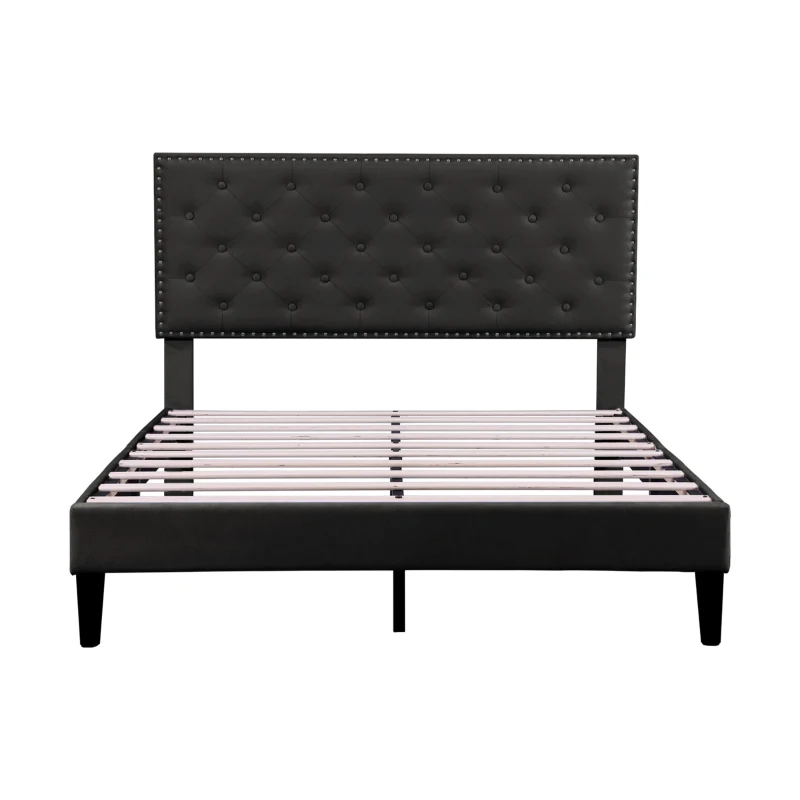 Upholstered Velvet Double Bed Base with Adjustable Wood Headboard, Solid Wood Slats, Easy Assembly, 193L x 141W x 110H cm, Black