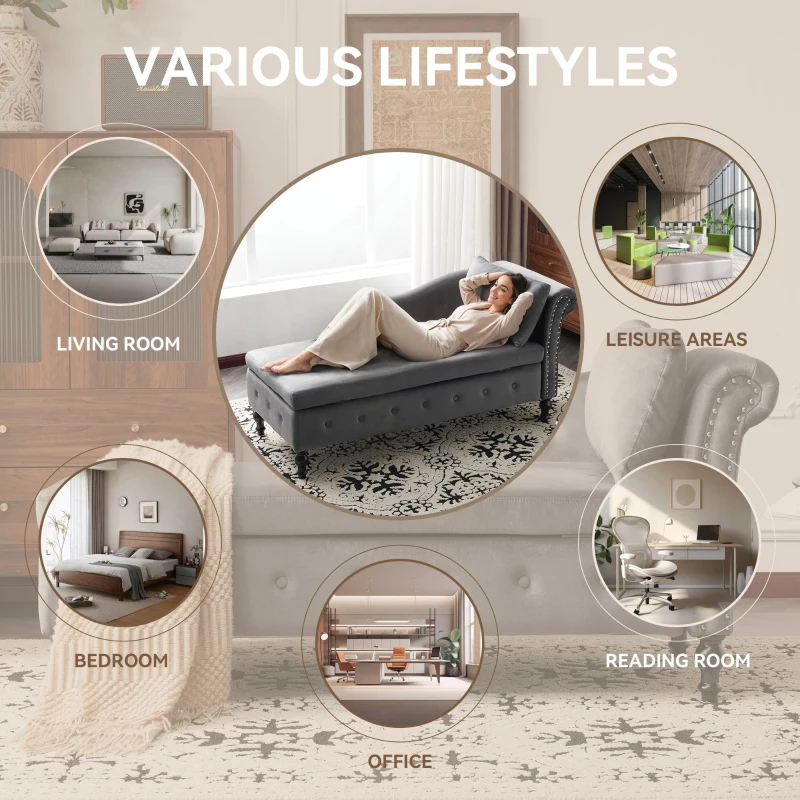 Luxious Designed Velvet Chaise Sofa Bed with Storage, Rectangle Cushion, Button-Tufted Lounge Chair for Bedroom, 144L x 62W x 69H cm, Grey