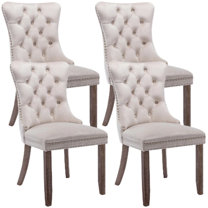 Set of 4 Velvet Upholstered Dining Chairs with High Back and Brushed Wood Legs, Tufted Kitchen Lounge Chairs, 51L x 63.5W x 98H cm, Beige