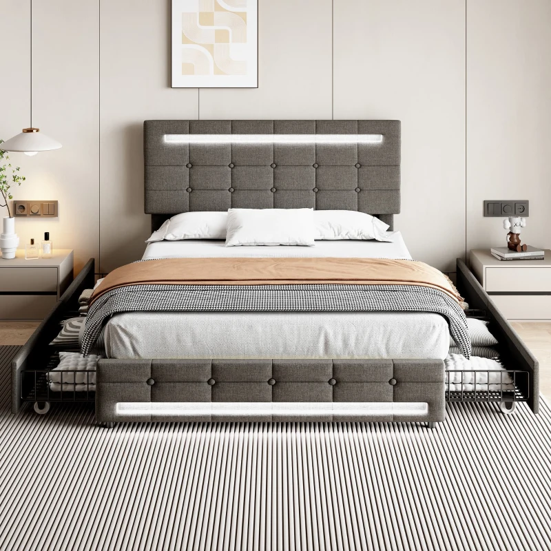 Double Upholstered Bed with LED Lighting and Storage Drawers, Adjustable Headboard, Easy Assembly, 198.5L x 143W x 107.5H cm, Grey