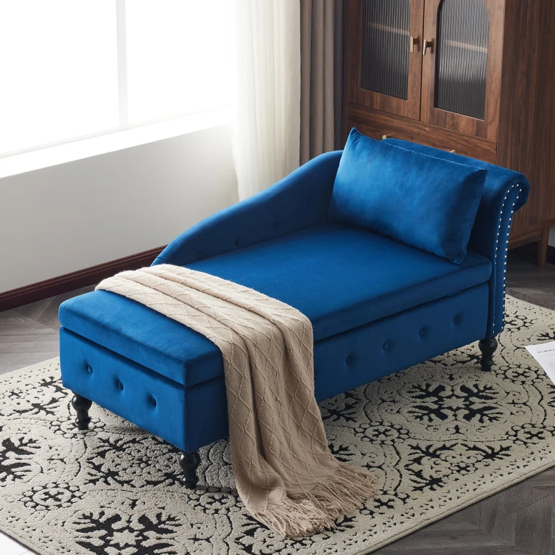 Velvet Upholstered Chaise Sofa Bed with Storage, Pillow, Nailhead-Trim, Button-Tufted Lounge Chair, 144L x 62W x 69H cm, Blue