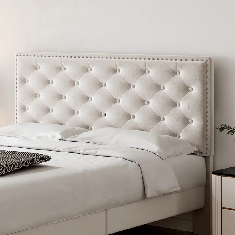 Double Upholstered Velvet Bedstead with Button-Tufted Headboard, Noise-Free Design, Solid Wood Slats, 193L x 141W x 110H cm, Beige