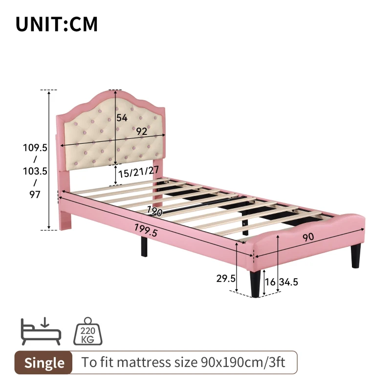 3FT Single Wood Bed with Adjustable Button-Tufted Headboard, Easy Assembly, Upholstered Bed for Kids, 199.5L x 92.0W x 109.5H cm, Beige+Pink
