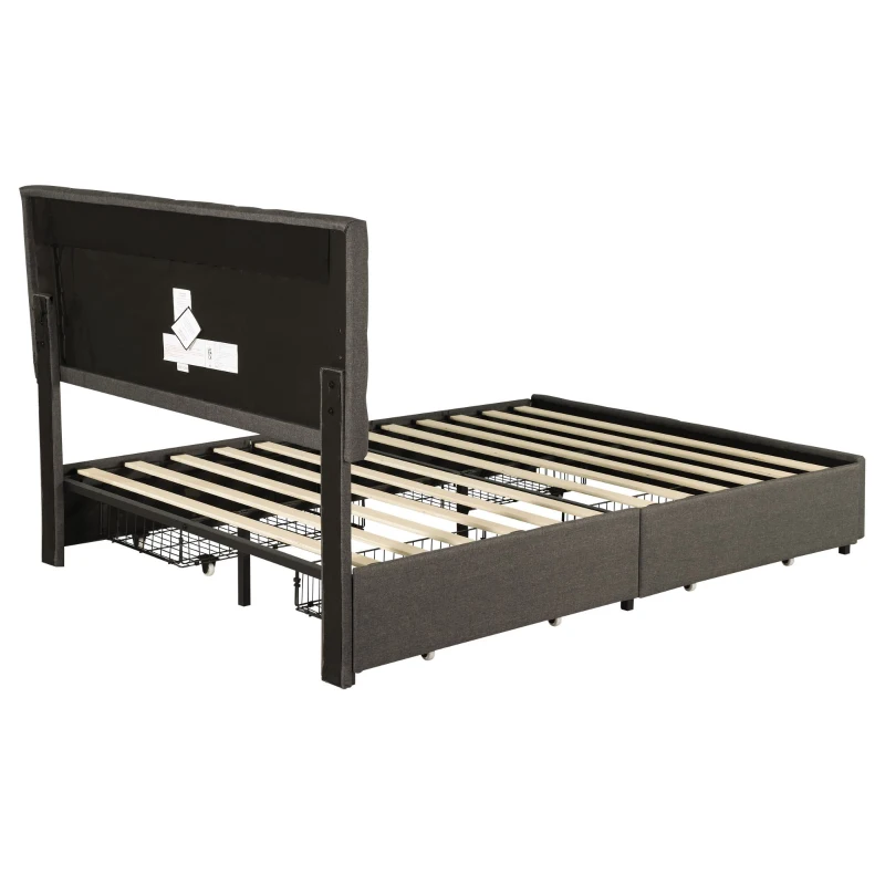 Double Upholstered Bed with LED Lighting and Storage Drawers, Adjustable Headboard, Easy Assembly, 198.5L x 143W x 107.5H cm, Grey