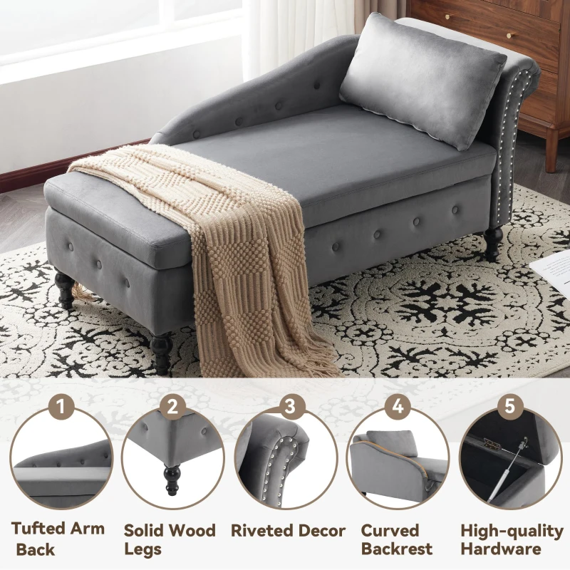 Luxious Designed Velvet Chaise Sofa Bed with Storage, Rectangle Cushion, Button-Tufted Lounge Chair for Bedroom, 144L x 62W x 69H cm, Grey