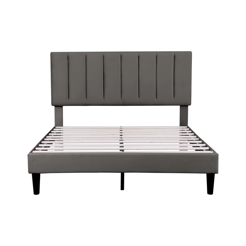 Headboard Adjustable Velvet Double Bed Base with Noise-Free Design, Double Wooden Bedframe for Bedroom, 194L x 140W x 110H cm, Grey