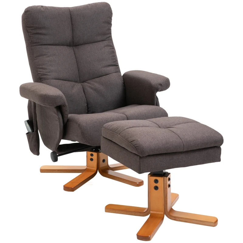 HOMCOM Relaxsessel mit Fußhocker, Stauraum, Elektrischer Massagesessel mit Liegefunktion, Drehbarer Fernsehsessel mit Seitentasche, Fernbedienung, Holzrahmen, Polyester, Braun